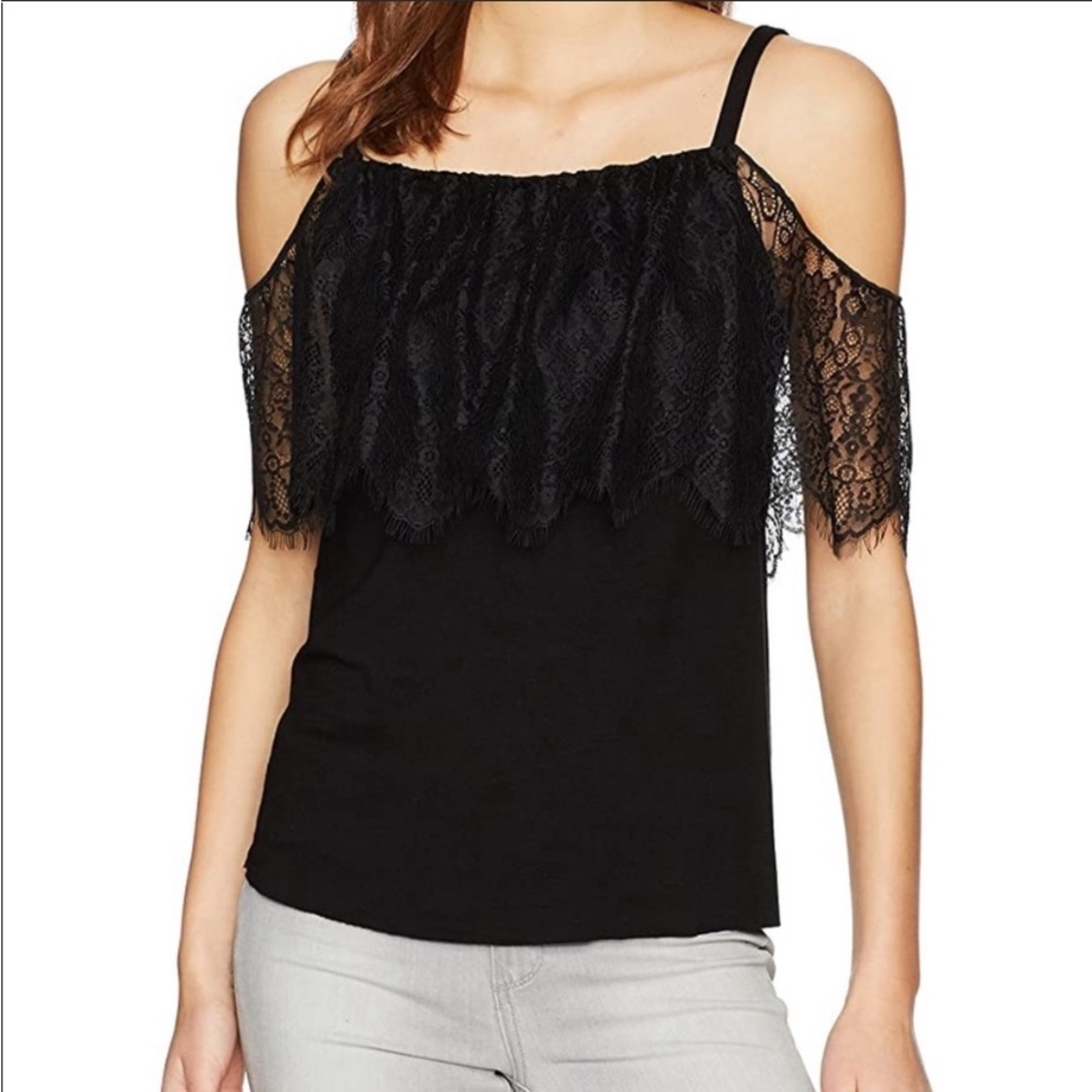 Bailey 44 Montage Lace Overlay Sleeve Black Cold Off Shoulder Top Blouse Shirt S